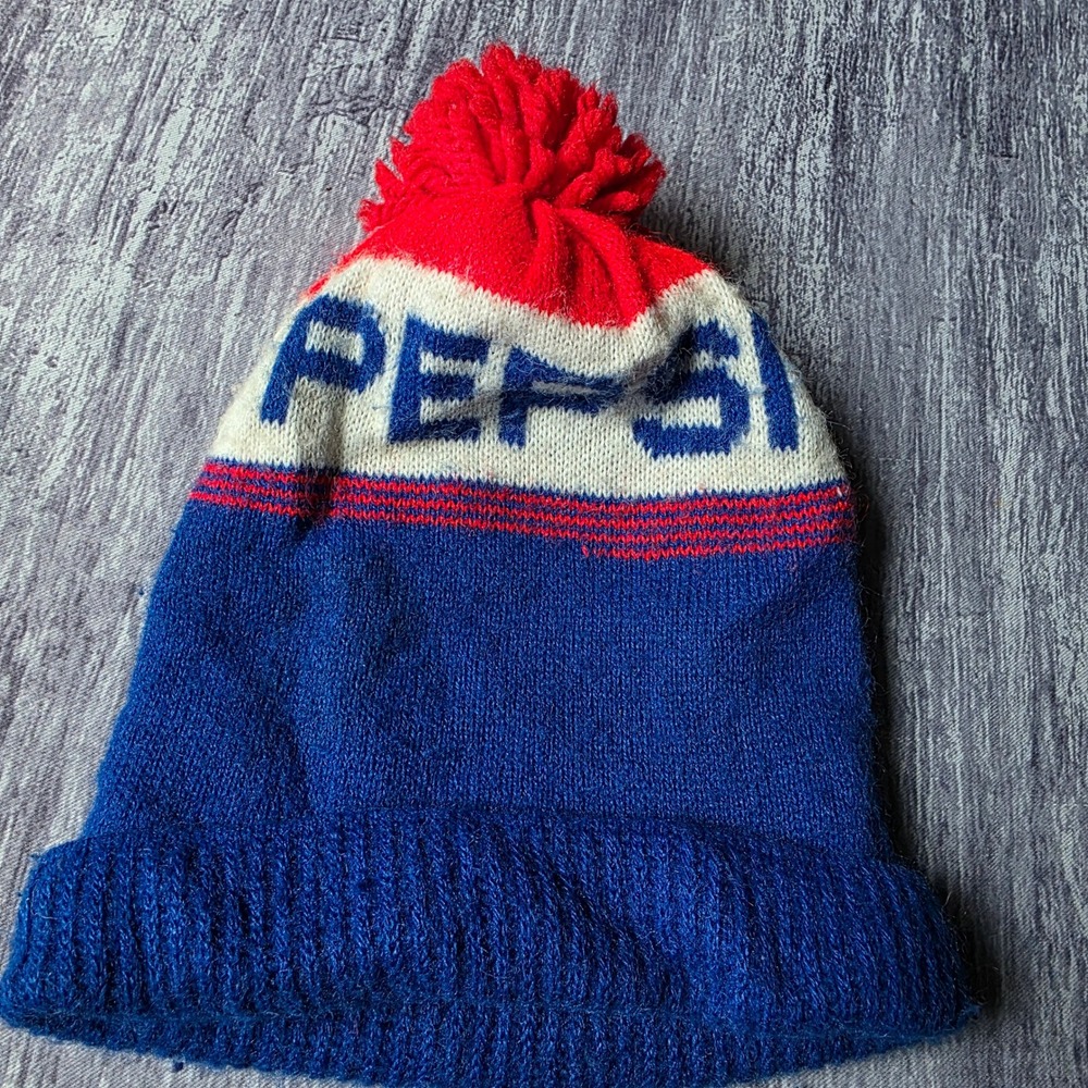 Vintage Pepsi Knit Beanie Hat with‎ Pom Pom Blue Red White